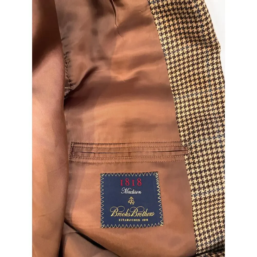 Brooks Brothers 1818 Madison Brown Houndstooth Wool Silk Sport Coat Blazer 44L